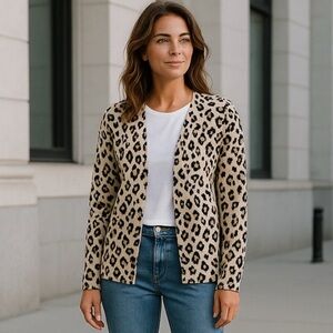 LOFT Leopard Print Cotton Blazer Jacket Size L Open Front Chic